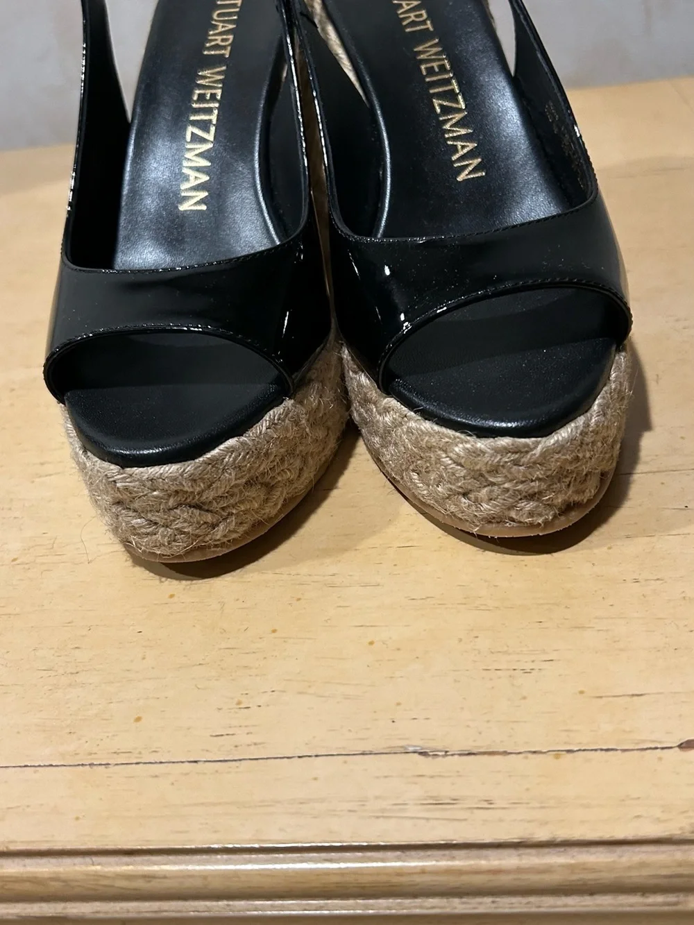 Stuart Weitzman black patent sling back espadrille wedge in size 6.5